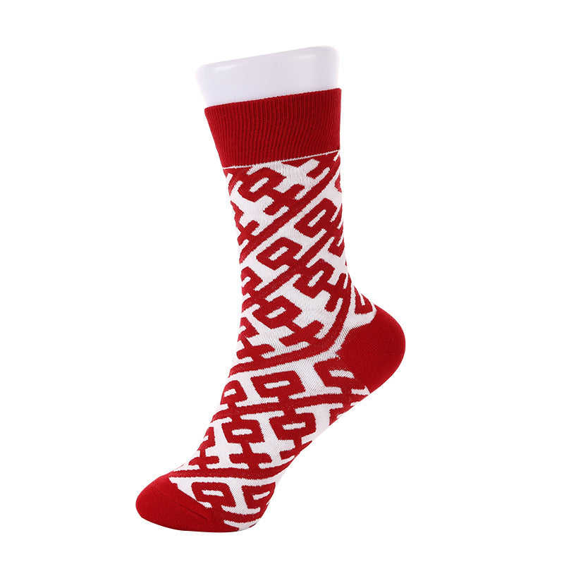 Autumn And Winter Big Red Double Happy Character Printed Stockings