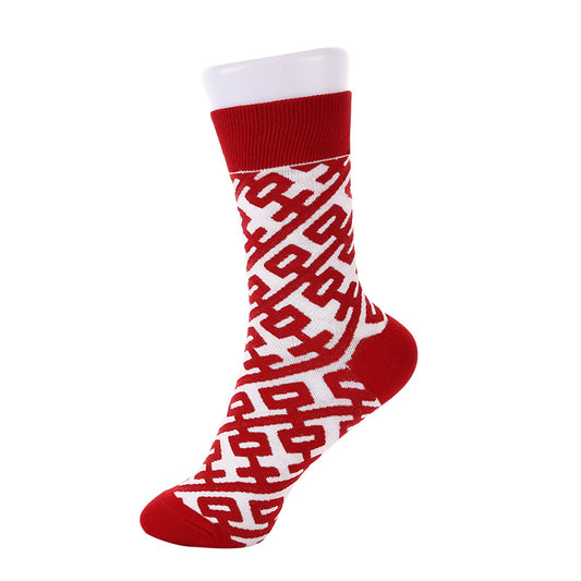 Autumn And Winter Big Red Double Happy Character Printed Stockings