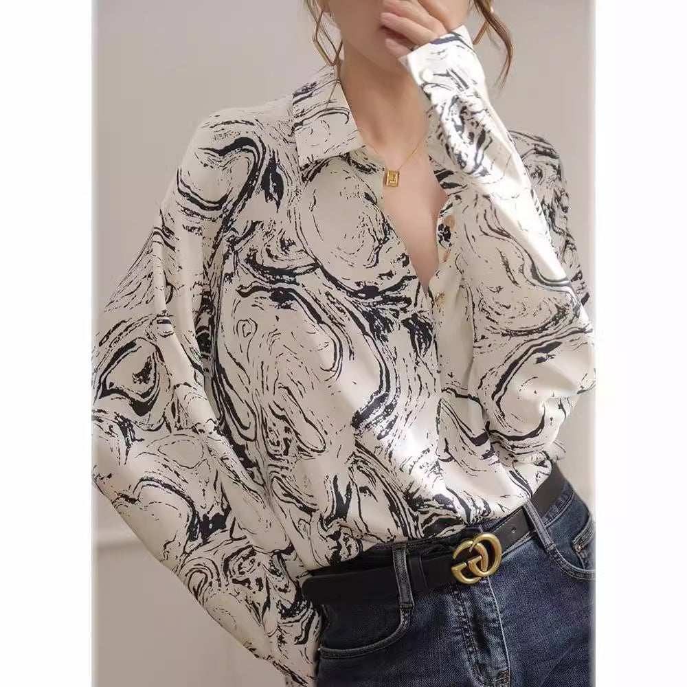 Western Stil Mode Blæk Maleri Trykt Langærmet Skjorte