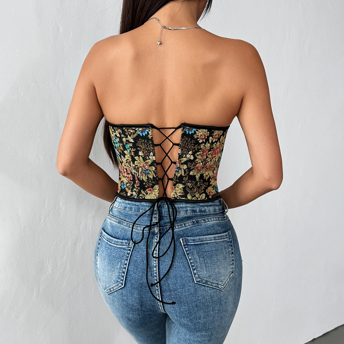 Womens Retro Jacquard Fishbone-Structured Back-Closure Lace-Up Asymmetrical Sexy Tube Top