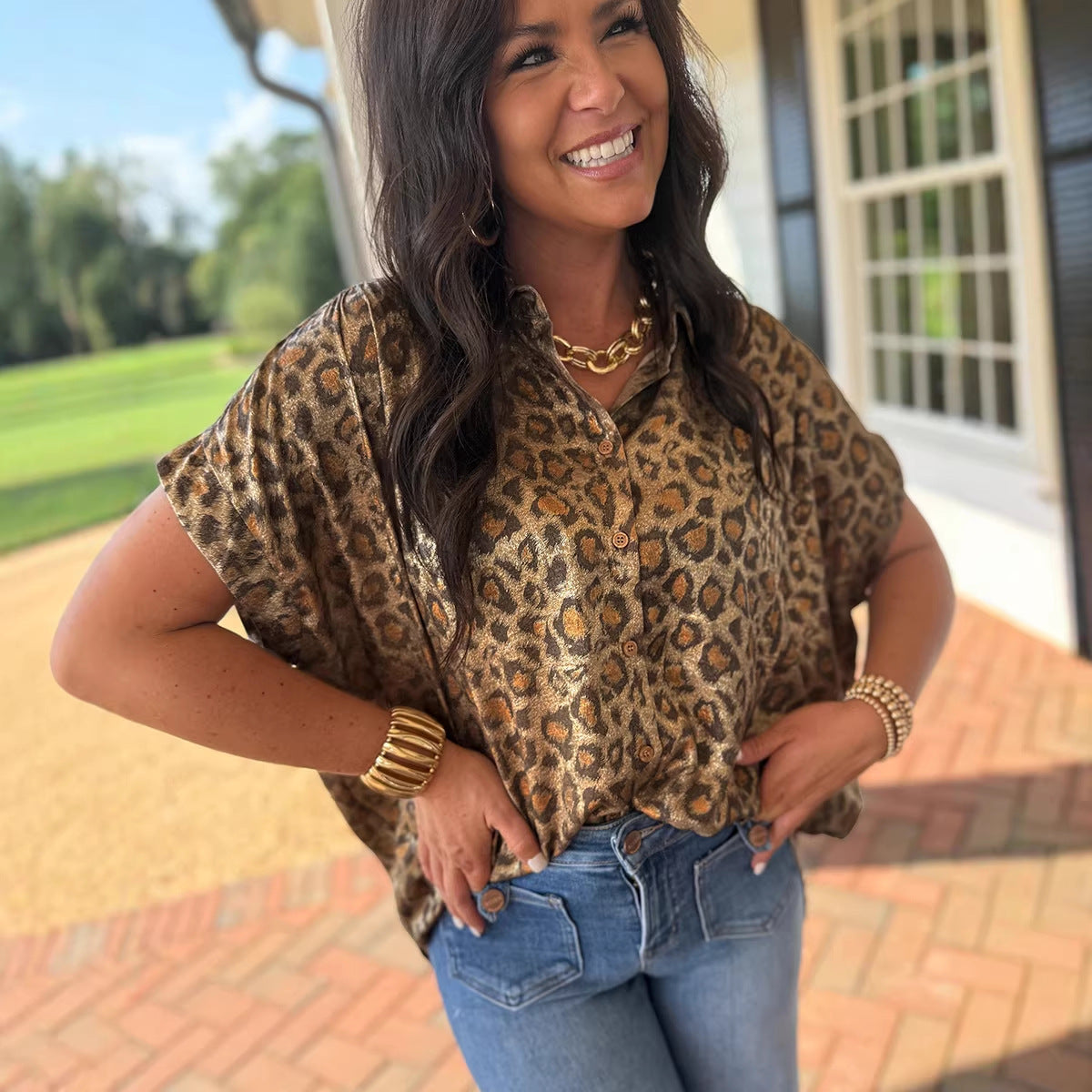 Womens Short-Sleeve Shirt Trendy Bold Leopard-Print Loose Top