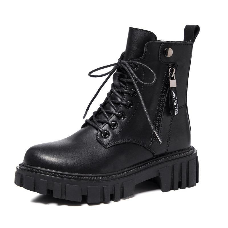 Womens Black Chunky-Soled Ankle Boots With Side Zipper