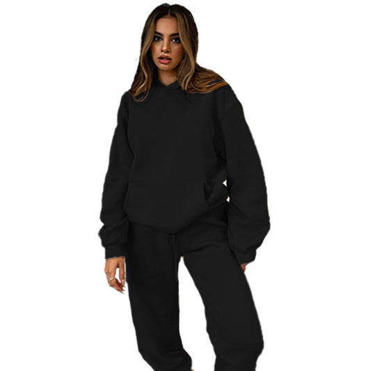 Solid-color Hooded Long-sleeve Sweatshirt And Pants Set For Fallwinter