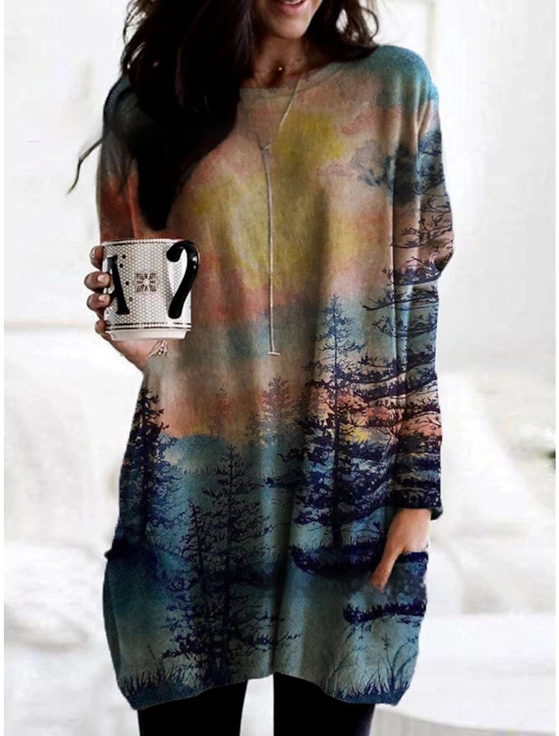 Women's Round Neck Mid-length Long-sleeved T-shirt With Pockets