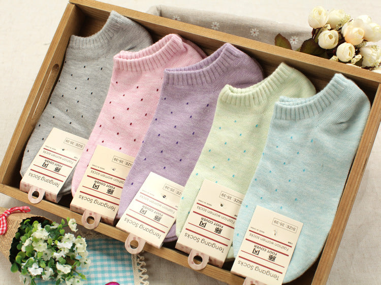 Women's cotton socks solid color polka dot thin boat socks
