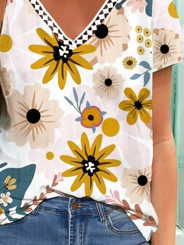 Sommer printet kortærmet V-hals T-shirt til kvinder