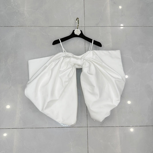 Spaghetti Strap Off-shoulder Bubble Long Sleeve Big Bow Top