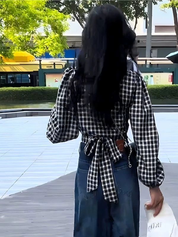 Vintage Plaid V-neck Long-sleeved Shirt