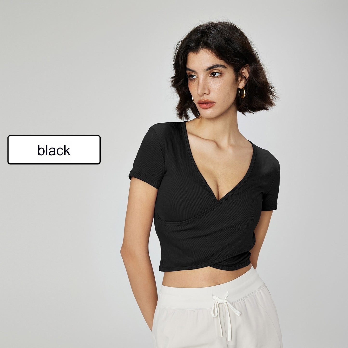 Cross V-hals Yoga T-shirt Kort Taljetæt