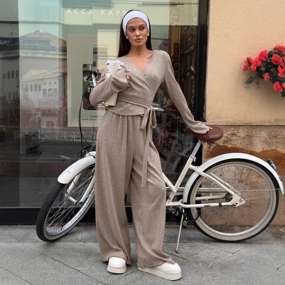 V-neck Knitted Ribbed Lace-up Long-sleeve Pants Two-piece Set