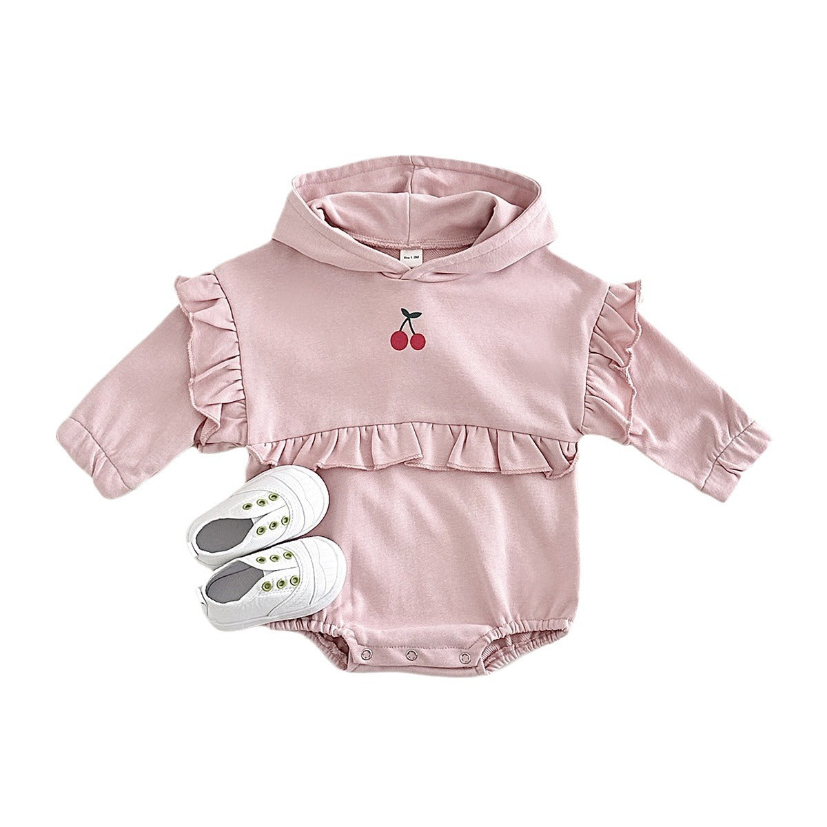 Baby Girl Sweet Cherry Embroidered Long Sleeve Hooded Crawling Suit Jumpsuit