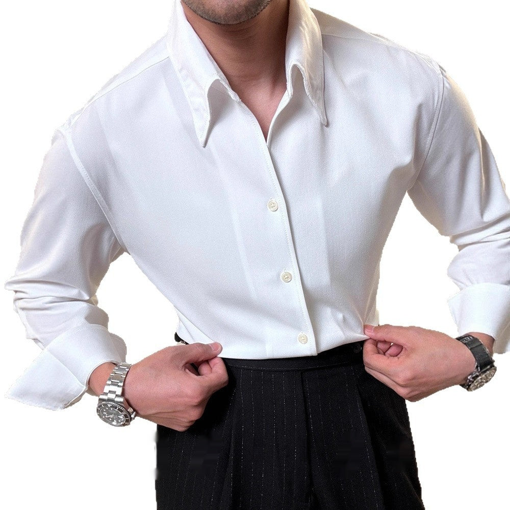 Mens Long-Sleeve Casual Shirt With A Polished Finish And Hidden Buttons