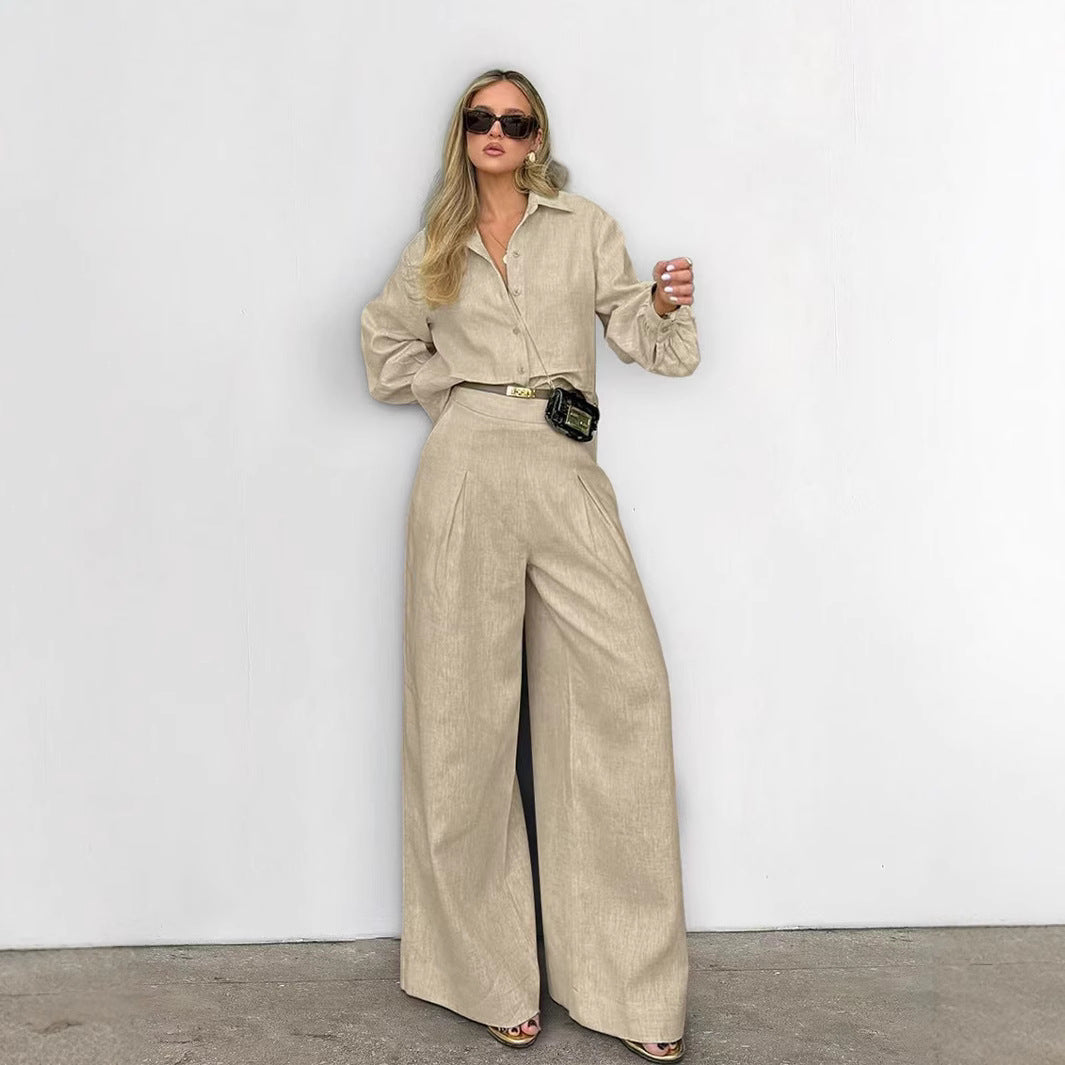 Womens Casual Khaki Cotton-Linen Two-Piece Set Loose-Fit Shirt And Wide-Leg Pants