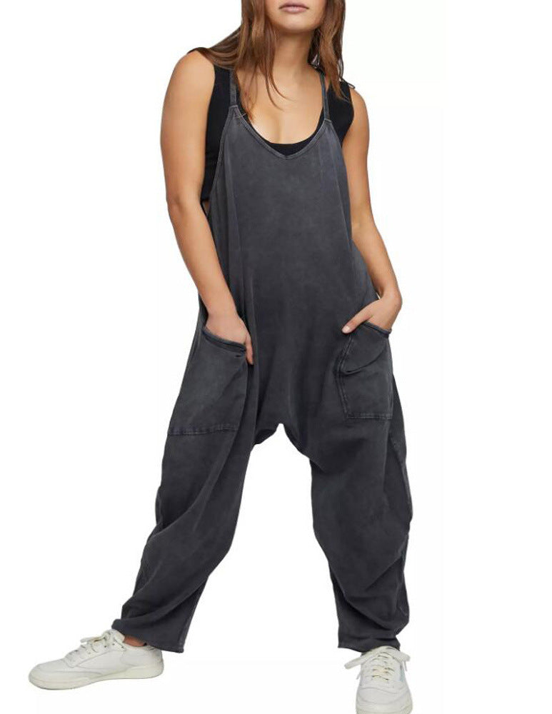 Zipper Pocket Suspender Jumpsuit