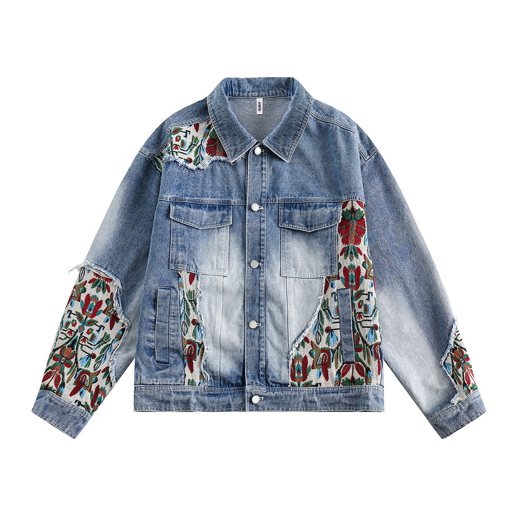 Stitching Embroidery Frayed Hem Denim Jacket Men