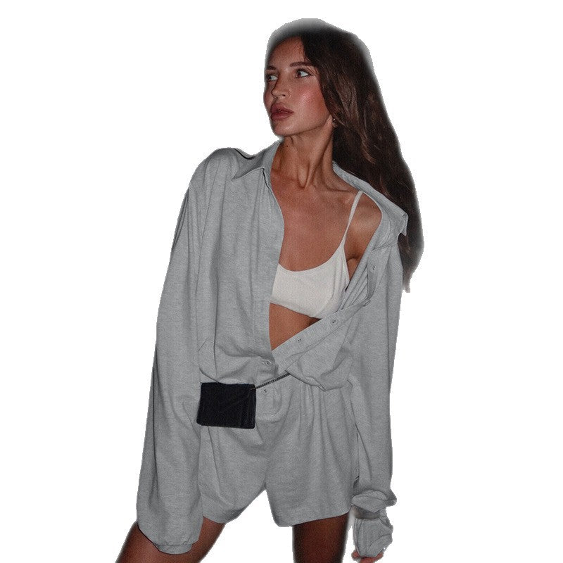 Women's Solid Color Simple Lapel Casual Loose Breasted Jumpsuit