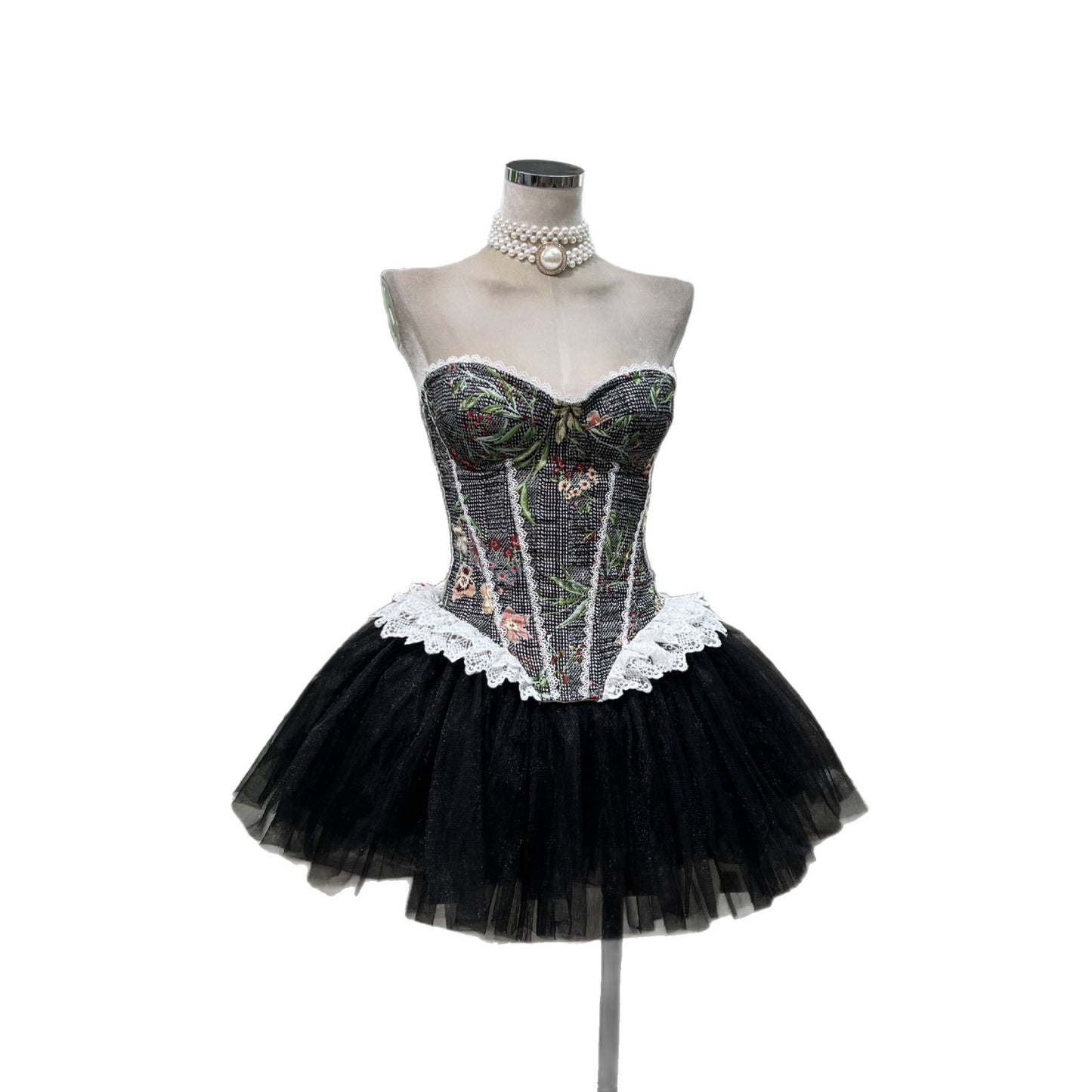 Xia Heavy Industry French Retro Fishbone Slimming Bustier Puffy Tulle Swan Skirt 2-Piece Set