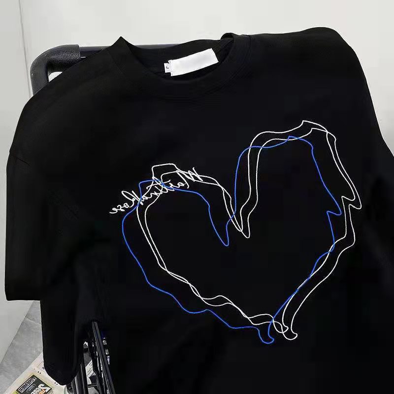 Simple Retro Gradient-line Heart-print Short-sleeve Top