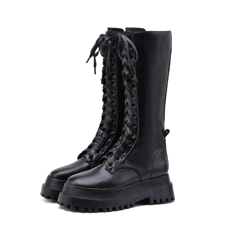 British Style Knee Boots Side Zipper Black