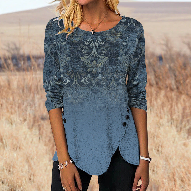 Digital Retro Printed Button Irregular Hem Round Neck Long Sleeve 3D