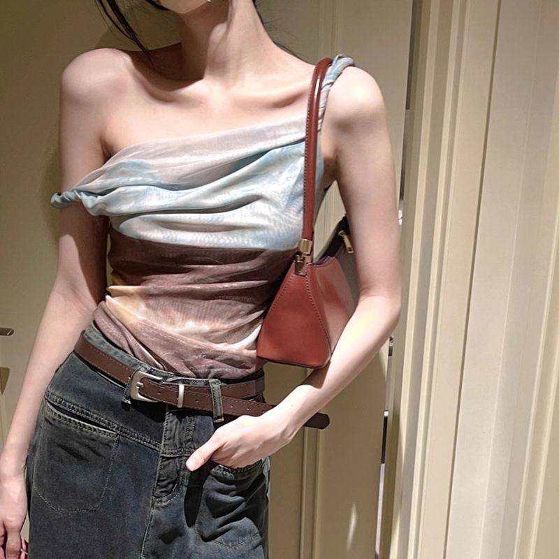 Blooming Abstract Oil Painting Mesh Irregular Spaghetti-strap Vest