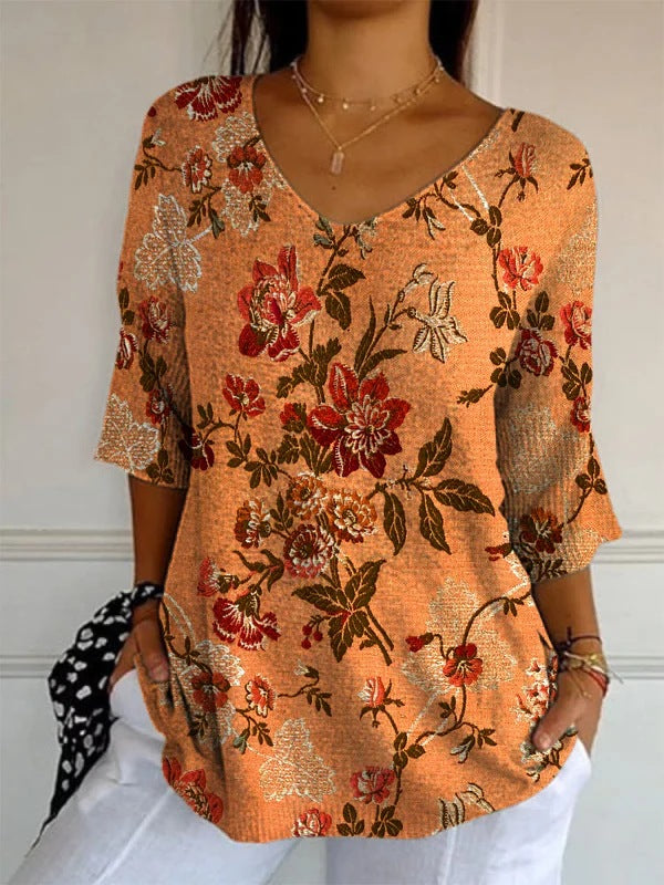 Elegant Retro Womens Casual Floral Print V-Neck Long-Sleeve Top
