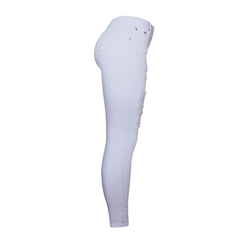 Trendy Slim-fit Ensfarvede Hvide Ripped Skinny Bukser til Kvinder