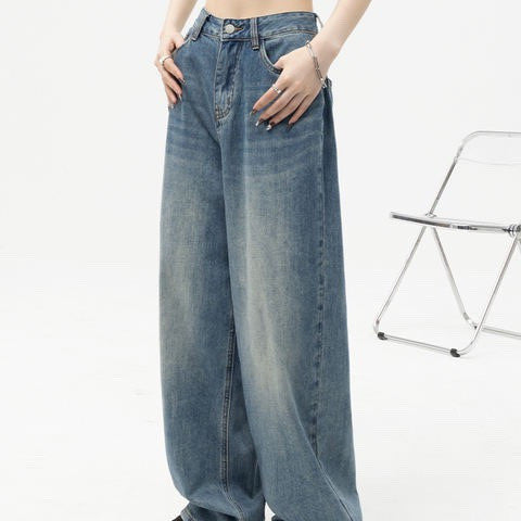 Dame moderne løse jeans med høj talje og lige vide ben