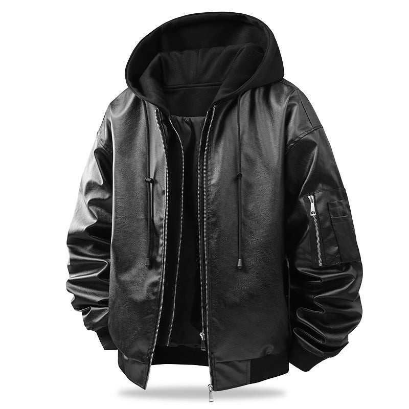 Fake Two-Piece Stitched Hooded Thickened PU Leather Padded Jacket Coat