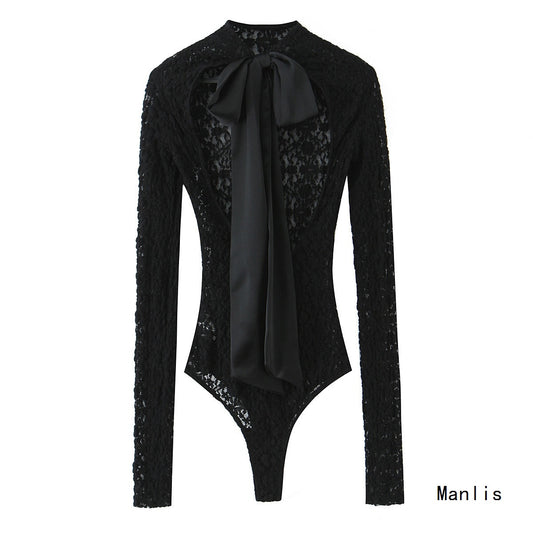 Silk Satin Texture Bowknot Decoration Lace Jumpsuit Mini Skirt