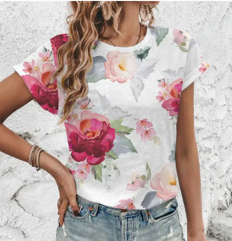 Dame T-shirt med rund hals og korte ærmer med 3D-blomsterprint