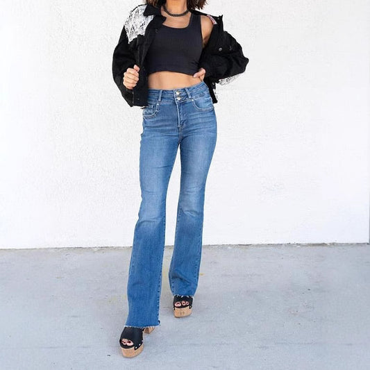 Women's High Waist Straight Double Button Jeans