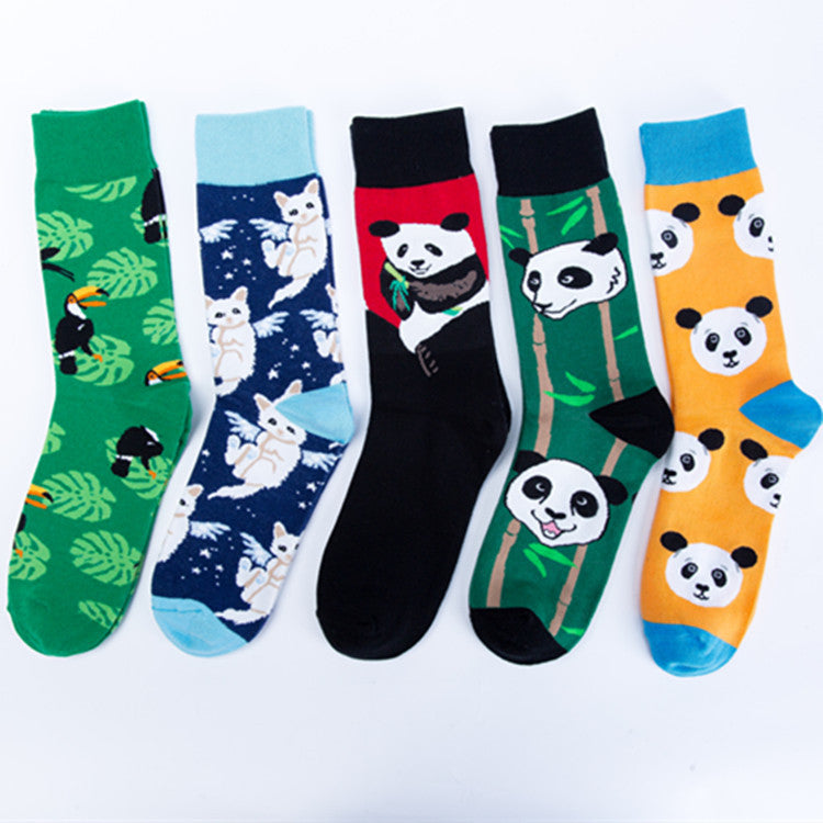 Happy tide socks, pandas, flowers and birds, colorful, high tube, casual cotton socks