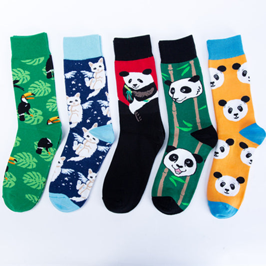 Happy tide socks, pandas, flowers and birds, colorful, high tube, casual cotton socks