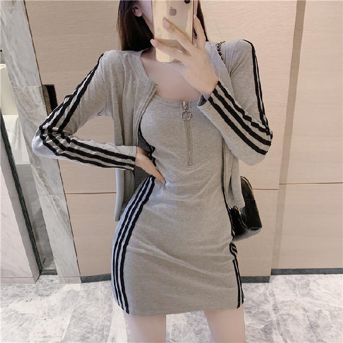 Long-Sleeve Set Womens Slim-Fit Jacket And Slip Dress Combo