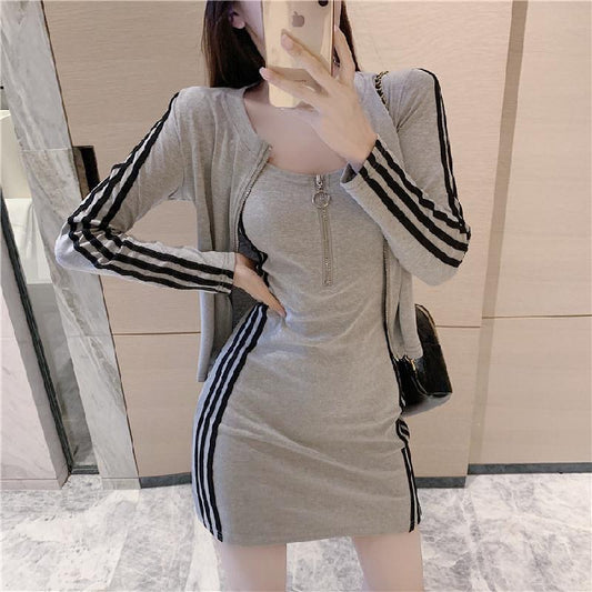 Long-Sleeve Set Womens Slim-Fit Jacket And Slip Dress Combo