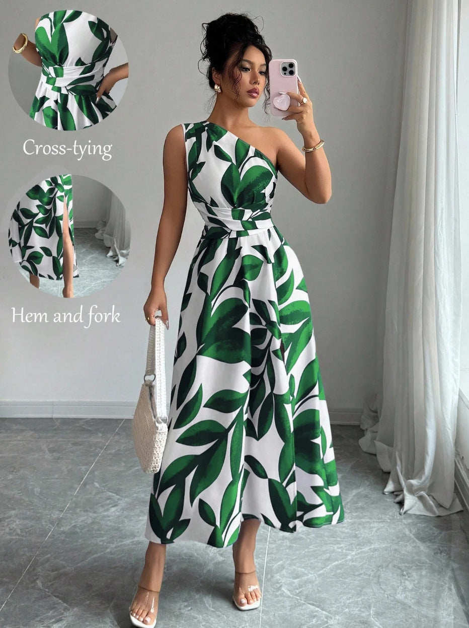 Womens Printed Off-the-Shoulder Slit Dress