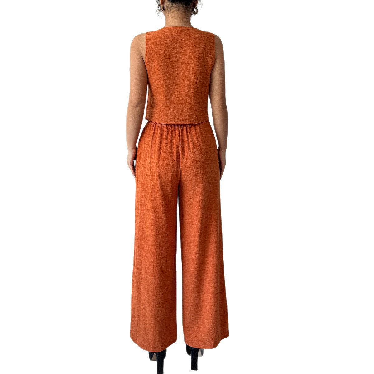 Simple Sleeveless Wide-leg Pants Two-piece Set For Women