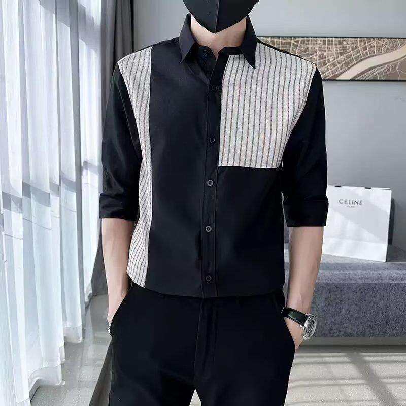 Casual Edgy And Slim-fit Mens Patchwork Striped Shirt