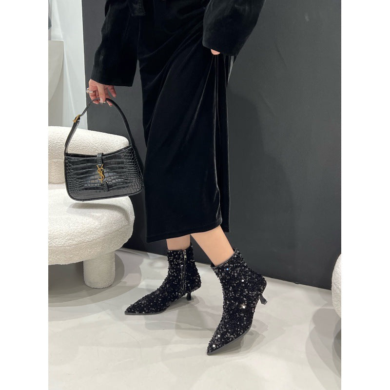 Pointy Toe Nude Boots Mid-heel Autumn And Winter Fashion Temperament Black High Heels