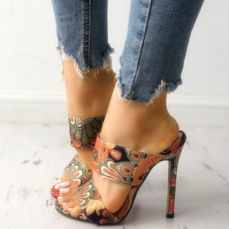 Peacock pattern stiletto sandals and slippers