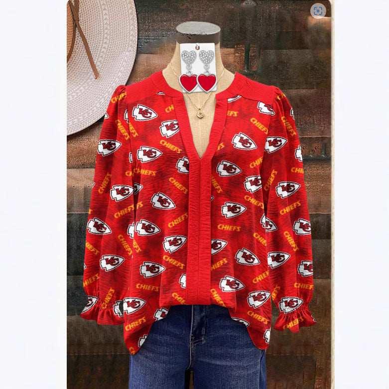 Women's Shirt Loose V-Neck Long Sleeve