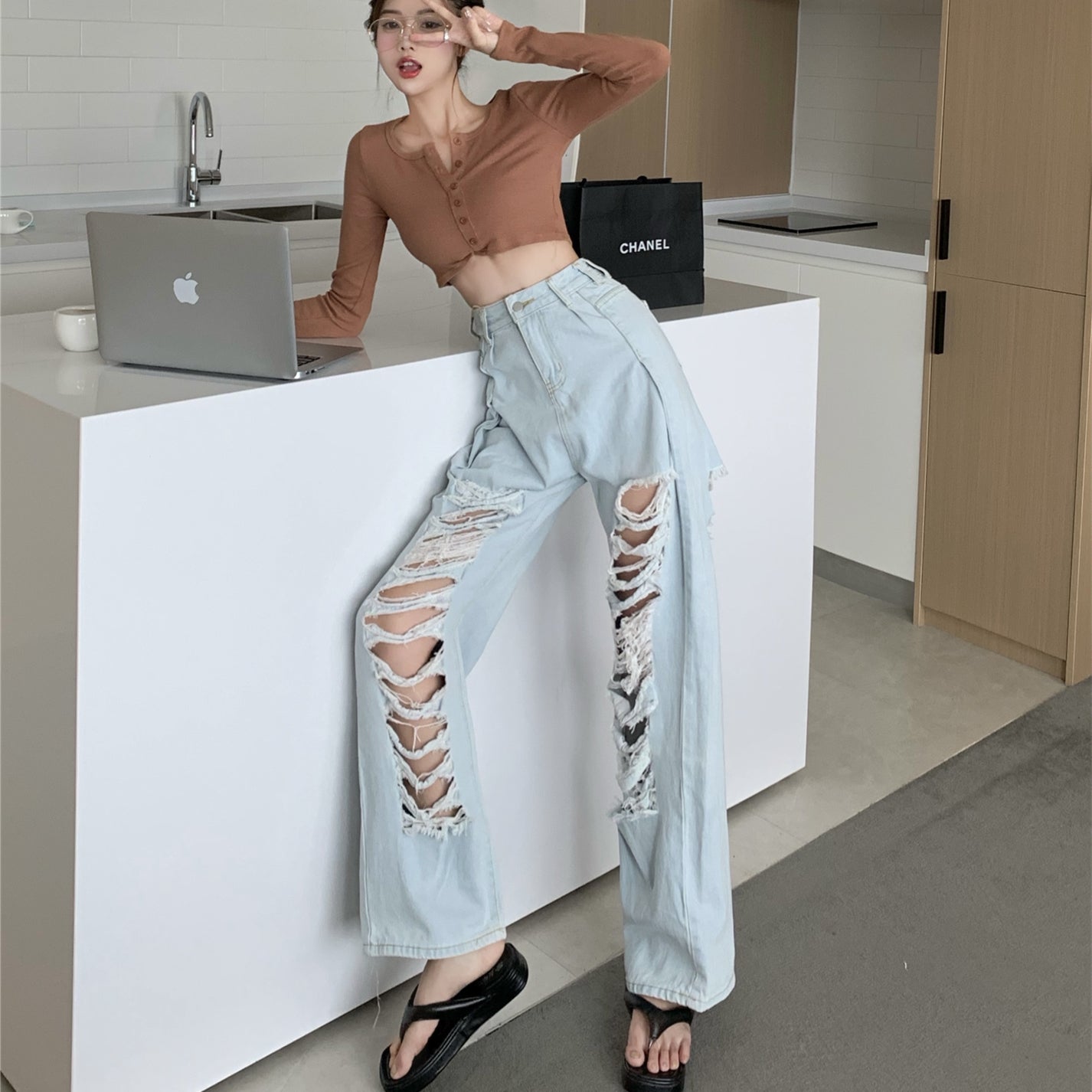 Ripped Straight Højtaljede Wide Leg-bukser Løse Mopping