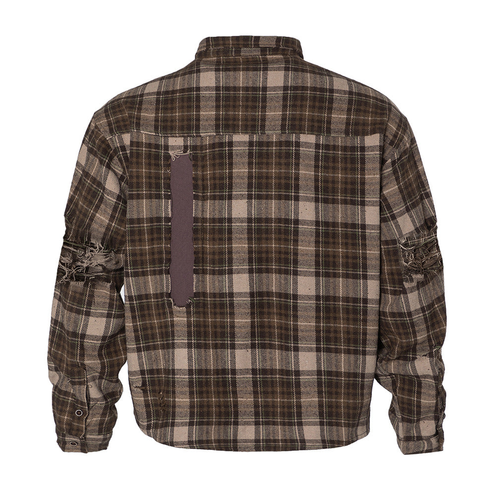 Plaid Long Sleeve Shirt Men Punk Trendy Hole & Patch
