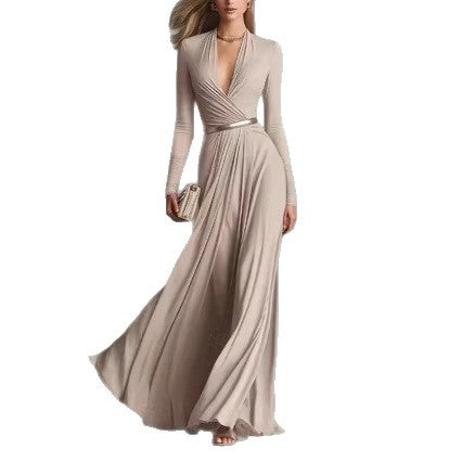 Solid-color Textured Long-sleeve Elegant French-style Dress