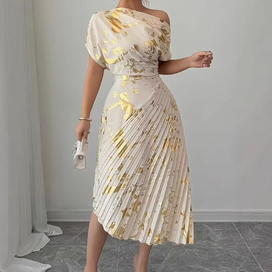 Women's Asymmetric Shoulder Gold Foil Pleated Dress