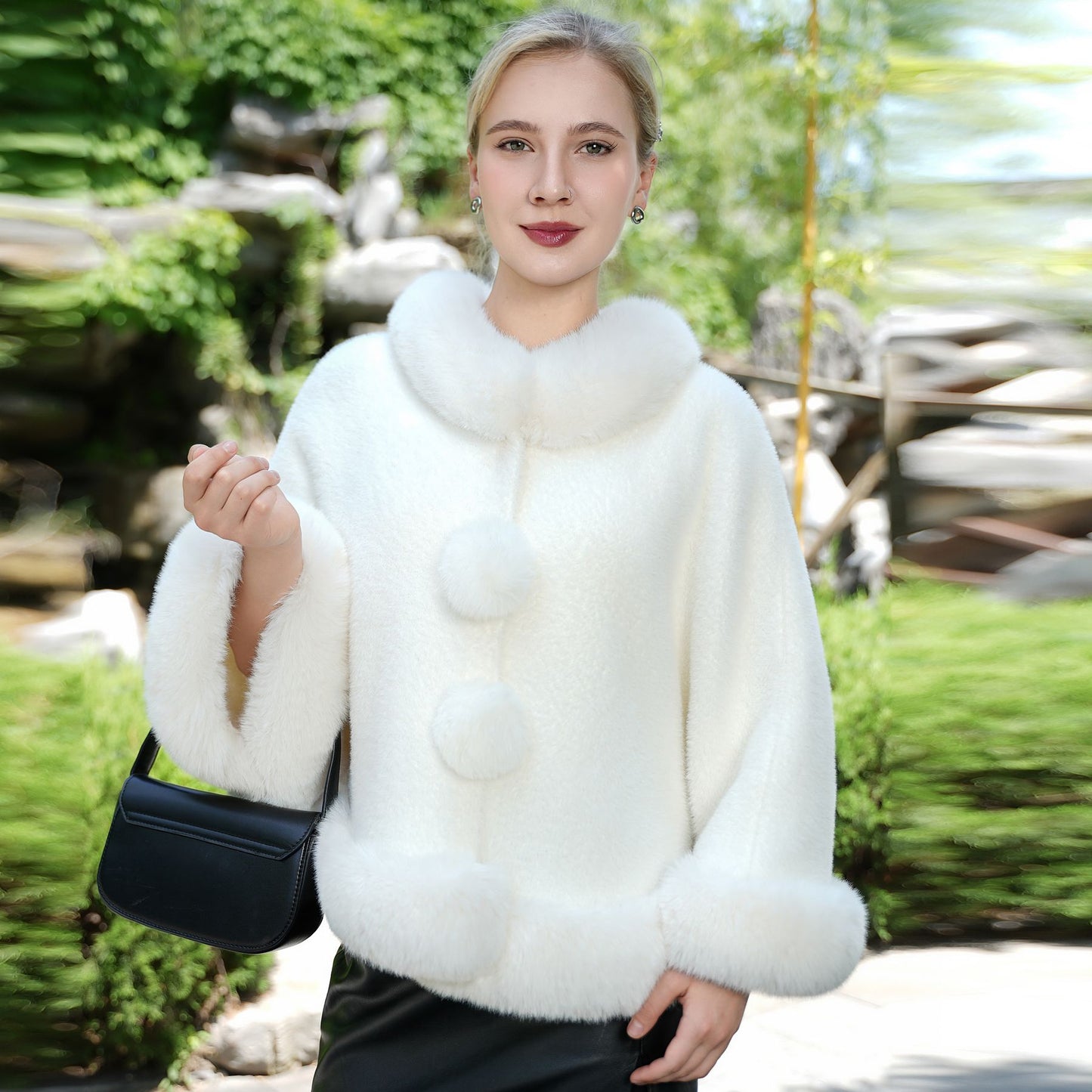 White Fur Cardigan Cape Cloak Plush Collar Inverness