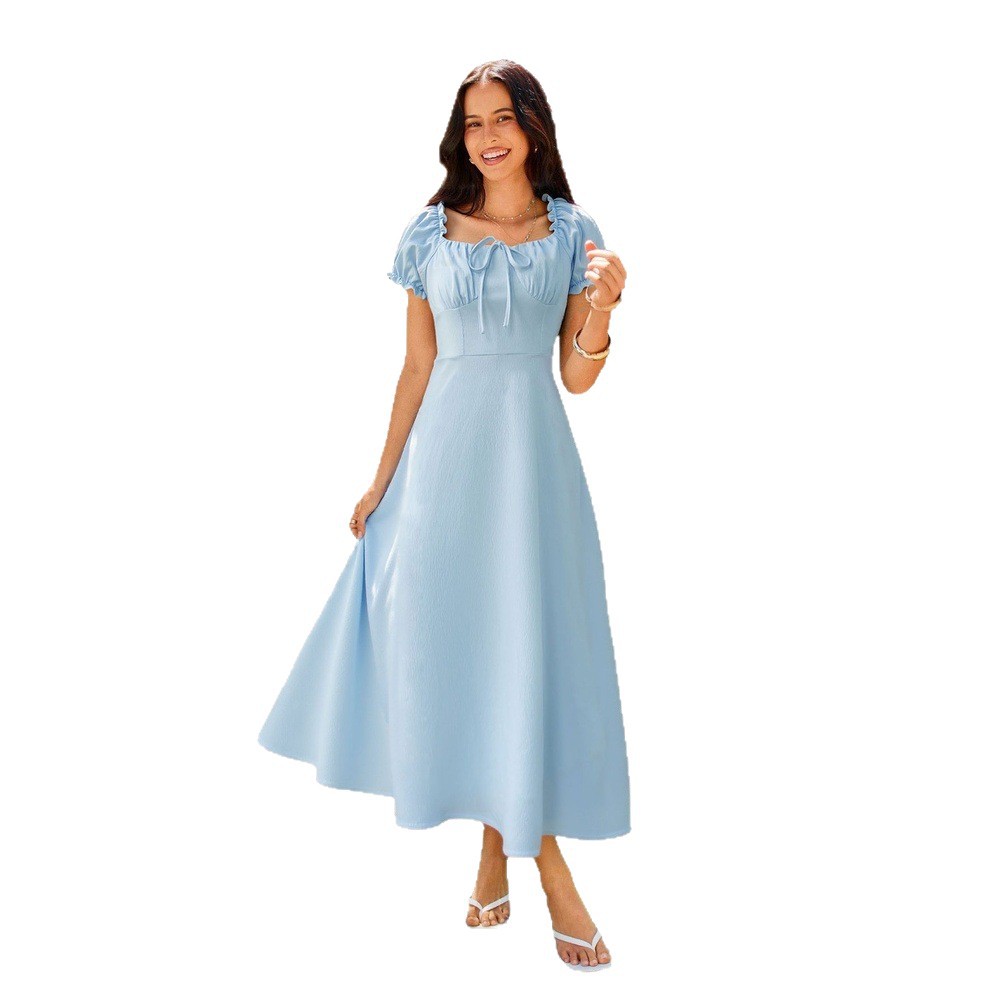 Women's Square-Neck Lace-Up Waist-Cinched Solid-Colored Dress
