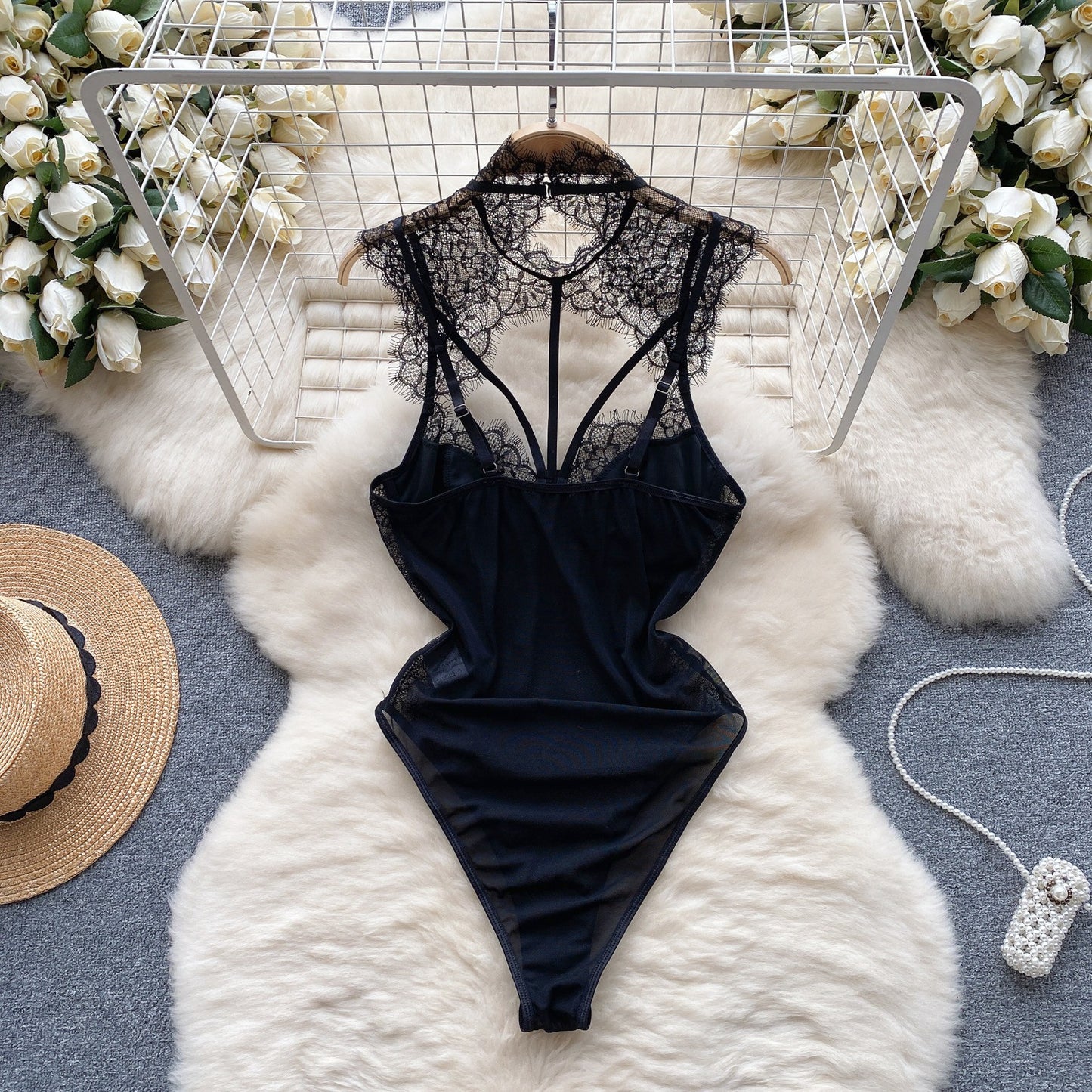 Autumn Lace Mesh Tight Design Retro Affordable Luxury Temperament Top Jumpsuit