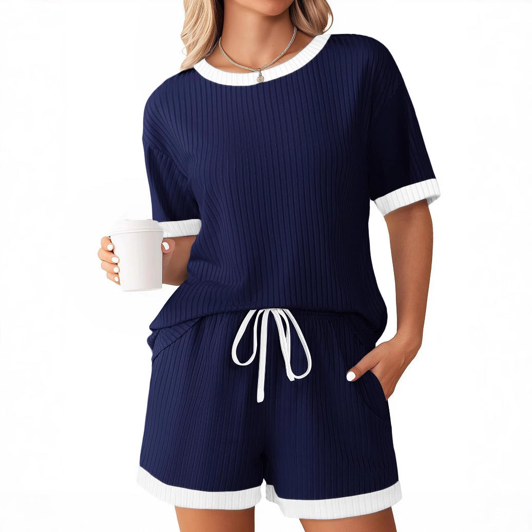 Solid-color Ribbed Patchwork Color-block Pajama Short-sleeve Loungewear Set